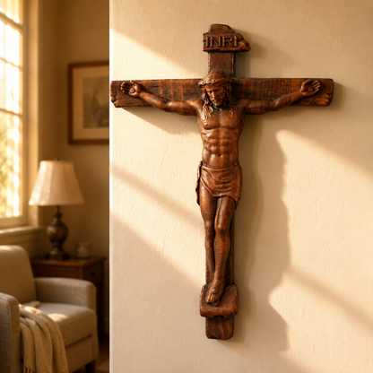 🙏 Hand-Carved Solid Wood Crucifix – A Sacred Christian Cross for Prayer, Home & Gift