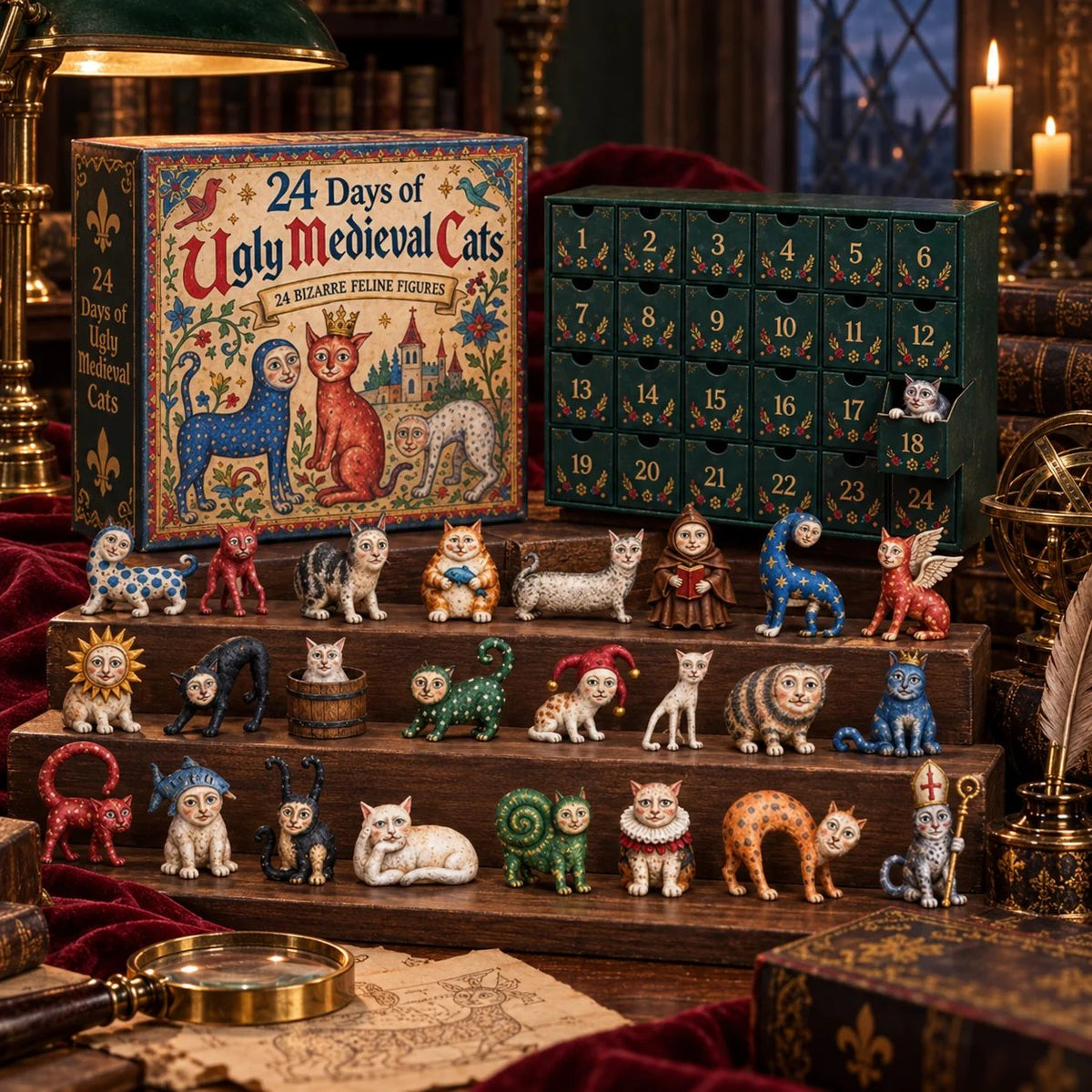 50% OFF | 🐈🏰 24 Days of Ugly Medieval Cats Advent Calendar – 24 Funny Feline Collectibles ✨