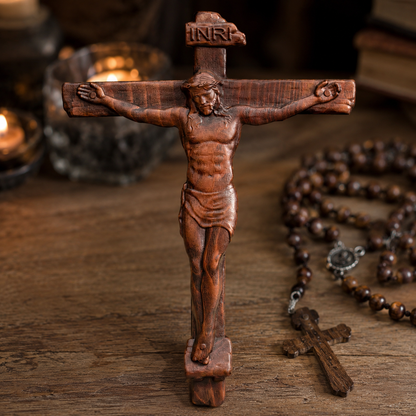 🙏 Hand-Carved Solid Wood Crucifix – A Sacred Christian Cross for Prayer, Home & Gift