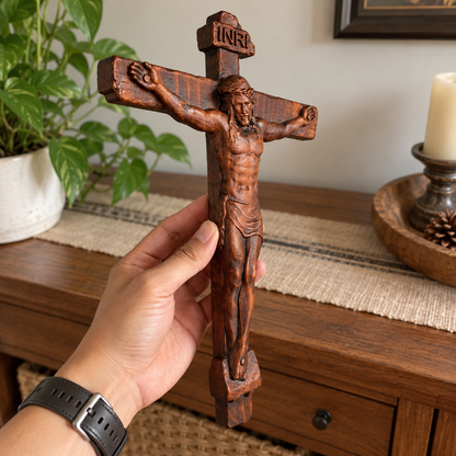 🙏 Hand-Carved Solid Wood Crucifix – A Sacred Christian Cross for Prayer, Home & Gift