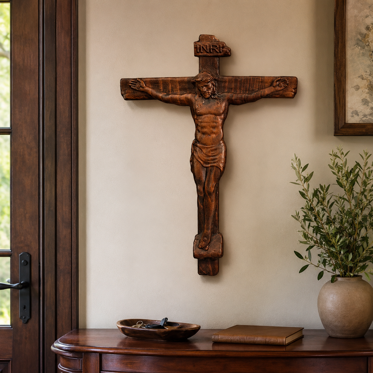 🙏 Hand-Carved Solid Wood Crucifix – A Sacred Christian Cross for Prayer, Home & Gift