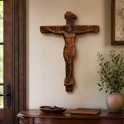 🙏 Hand-Carved Solid Wood Crucifix – A Sacred Christian Cross for Prayer, Home & Gift