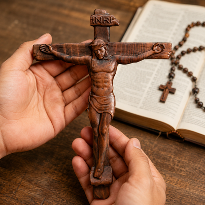 🙏 Hand-Carved Solid Wood Crucifix – A Sacred Christian Cross for Prayer, Home & Gift
