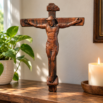 🙏 Hand-Carved Solid Wood Crucifix – A Sacred Christian Cross for Prayer, Home & Gift