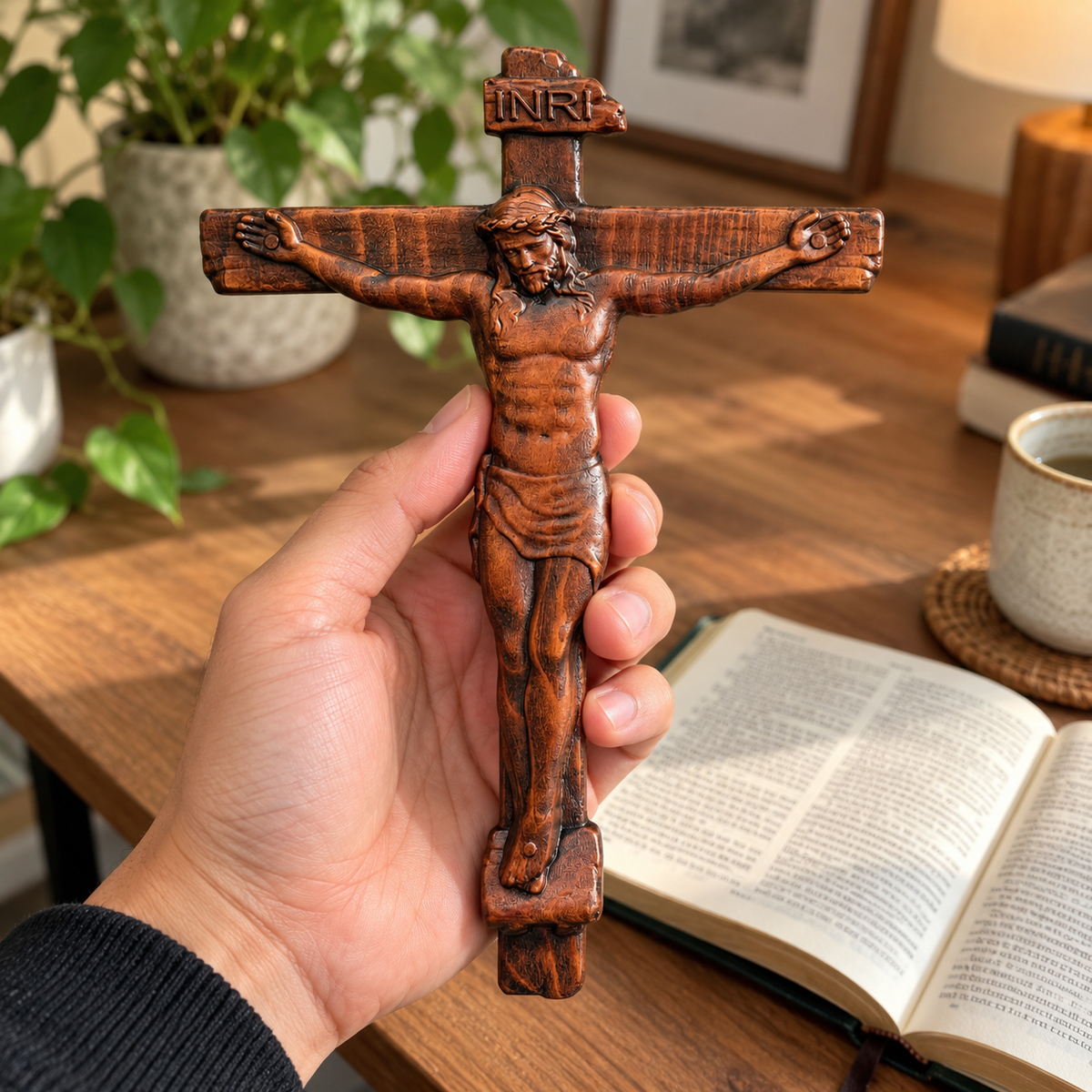 🙏 Hand-Carved Solid Wood Crucifix – A Sacred Christian Cross for Prayer, Home & Gift