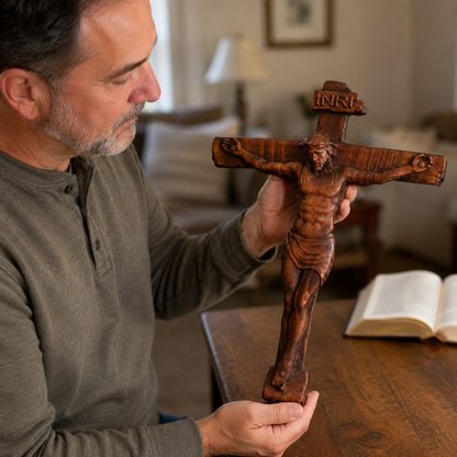 🙏 Hand-Carved Solid Wood Crucifix – A Sacred Christian Cross for Prayer, Home & Gift