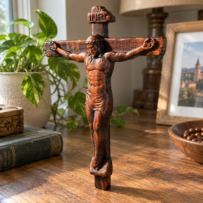 🙏 Hand-Carved Solid Wood Crucifix – A Sacred Christian Cross for Prayer, Home & Gift