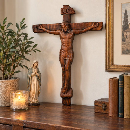 Hand-Carved Solid Wood Crucifix – A Sacred Christian Cross for Prayer, Home & Gift