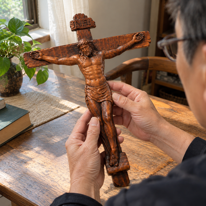 🙏 Hand-Carved Solid Wood Crucifix – A Sacred Christian Cross for Prayer, Home & Gift