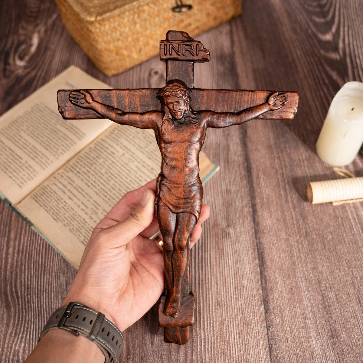 🙏 Hand-Carved Solid Wood Crucifix – A Sacred Christian Cross for Prayer, Home & Gift