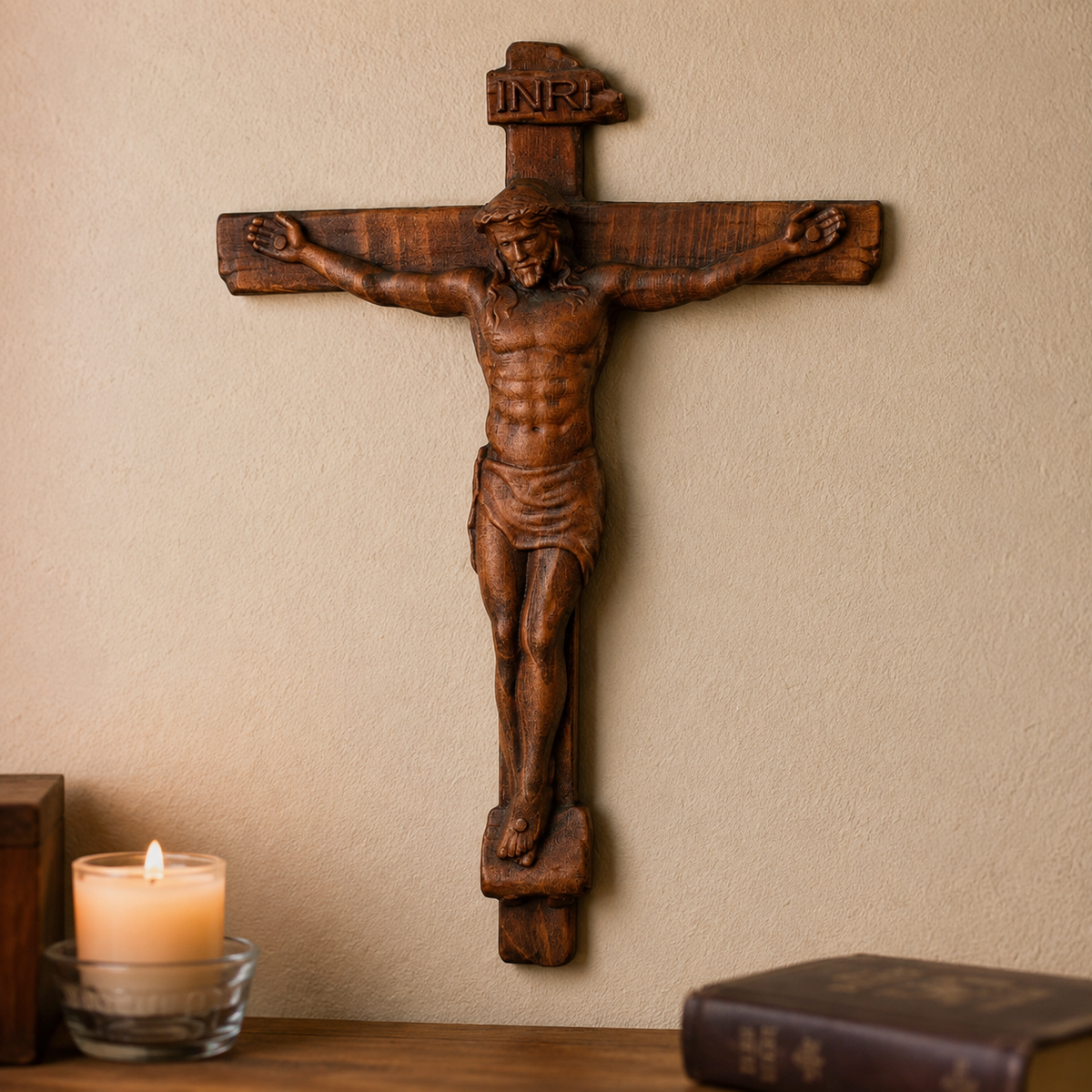 🙏 Hand-Carved Solid Wood Crucifix – A Sacred Christian Cross for Prayer, Home & Gift