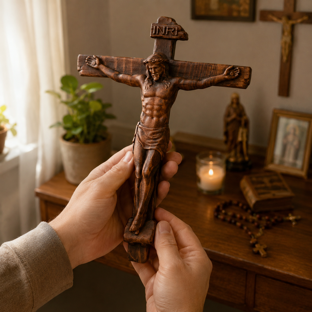 🙏 Hand-Carved Solid Wood Crucifix – A Sacred Christian Cross for Prayer, Home & Gift