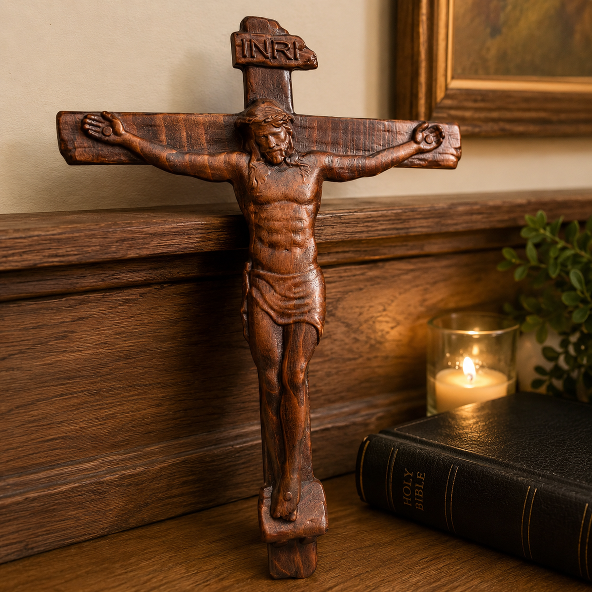 🙏 Hand-Carved Solid Wood Crucifix – A Sacred Christian Cross for Prayer, Home & Gift