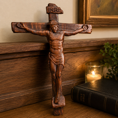 🙏 Hand-Carved Solid Wood Crucifix – A Sacred Christian Cross for Prayer, Home & Gift